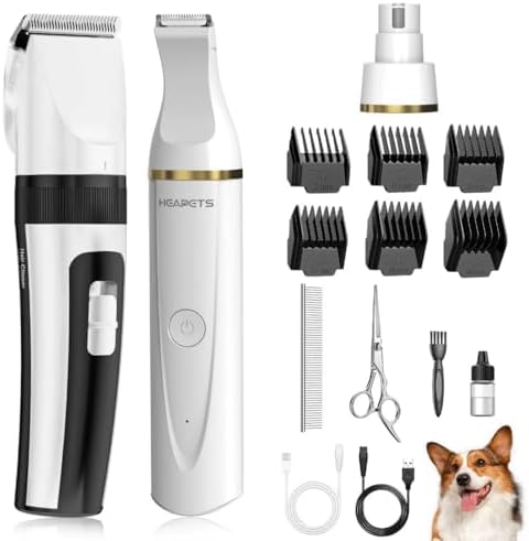 Dog Hair Clippers for Grooming Kit and Dog Paw Trimmer Nail Grinder for Grooming, Low Noise Rechargeable Cordless, Shaver Grooming Supplies for Pet Cats Dogs (White, White)