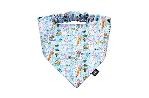 Easter Scrunchie Dog Bandana Perfect for Spring Season, Handmade Pastel Color Elastic Pet Bandana, Easter Photoshoot Props, Festive Dog Outfit (Bunnies on Teal Plaid, Large)