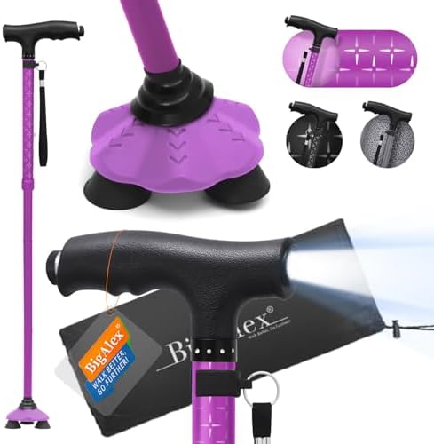 BigAlex Folding Walking Cane with LED Light, Lightweight Adjustable Canes for Women & Men, Free Standing Canes, Pivot Tip, Adjustable Travel Walking Aids with Carry Bag for Seniors Balance & Stability