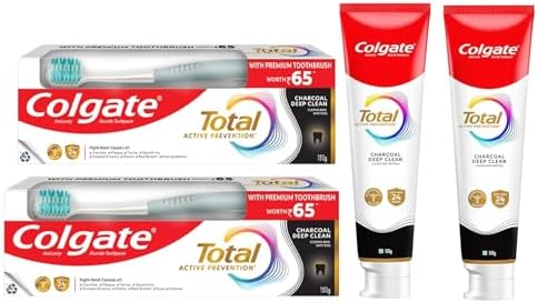 Colgate Total Charcoal Toothpaste Saver Pack - 2X150 G/5.2 oz - Plaque, Clean, Anti-Cavity, 2 Toothpaste + 2 Brush Free