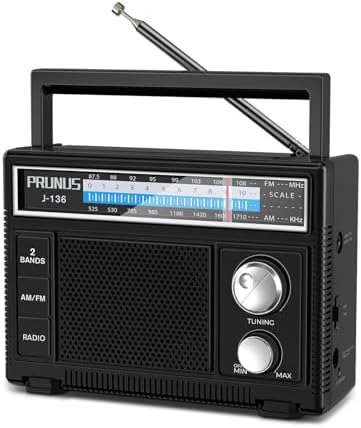 PRUNUS Portable AM FM Radio with Best Reception,D Battery Operated or Plug in Wall, Transistor Radio,Loud Speaker Support AUX in and Micphone in, Small Radios Portable AM FM J-136