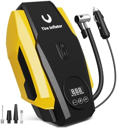 Tire Inflator Portable Air Compressor - Air Pump for Car Tires - 12V DC Compact Tire Pump with Auto Shutoff Function - Multipurpose Car Accessory with LED Light, Yellow, Medium