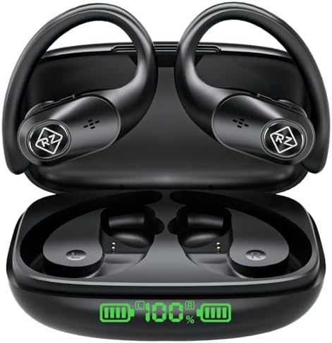 Wireless Earbuds Bluetooth Headphones Wireless Charging Case LED Display 80H Playtime Built in Mic Over Ear buds Waterproof Earphones with Earhooks Deep Bass Sound Headset for Sport Running Workout TV
