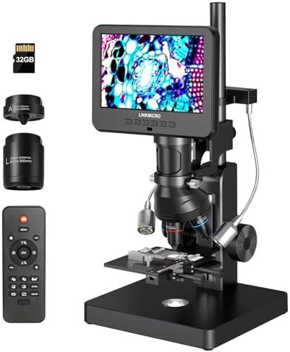 LM266S 5 Lens HDMI Digital Microscope 5000X for Adults, Lab Biological Microscope Camera with Screen for Slides Kit Mechanical Stage, UHD 2160P Video, 7" LCD Coin Microscope Full View, 32GB