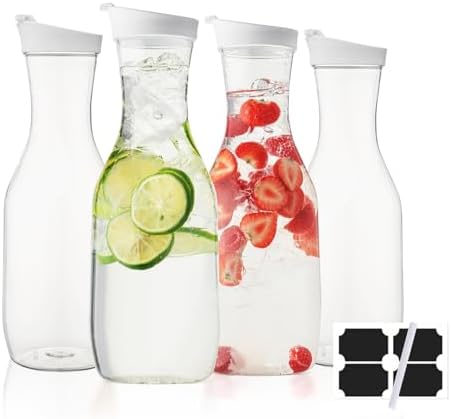 Water Carafe with Lid, 50 Oz Round Plastic Pitcher for Drinks, Milk, Mimosa Bar Supplies, Iced Tea, Juice Containers with Lids for Fridge, BPA-Free, NOT DISHWASHER SAFE, 4 Pack