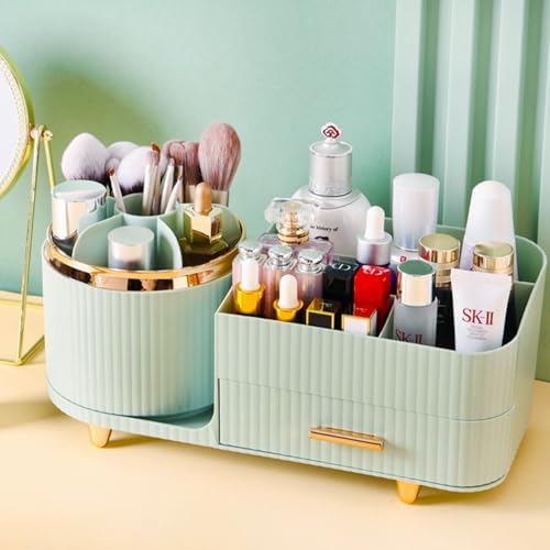 Rotating Makeup Organizer for Vanity with Brush Holder and Drawer, Cosmetic Makeup Storage, Large Spinning Makeup Skincare Organizer, Countertop Makeup Perfume Organizer, Lotions Display Case (Green)