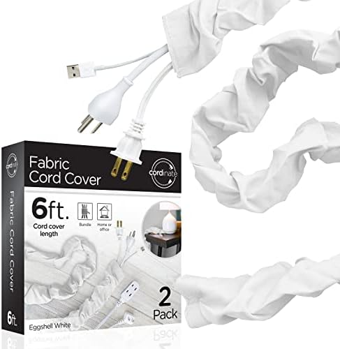 Cordinate Fabric Cord Cover 2 Pack, 6 Ft, Cable Management and Hider, Easy Installation, Great for Lamps, Light Fixtures, and Desks, Eggshell White, 48656