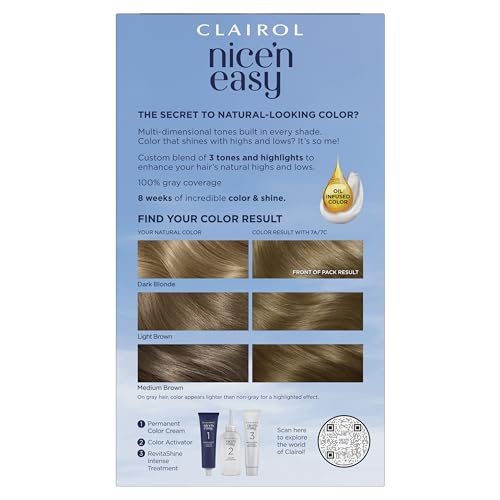 Clairol Nice'n Easy Permanent Hair Dye, 7C Dark Cool Blonde Hair Color, Pack of 3