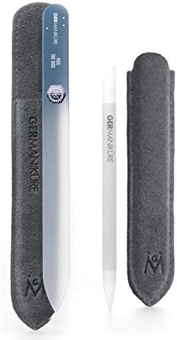 GERMANIKURE Crystal Glass Cuticle Stick & Hug The Dog Nail File Set in Suede Leather Case – Handmade in Czech Republic – Professional Manicure Supplies – Cuticle Pusher, Callous Remover