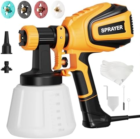 Paint-Sprayer-700W HVLP Spray Gun, Easy to Clean, with 4 Copper Nozzles & 3 Spray Patterns,Ideal Paint Sprayer for Furniture, Cabinets, Fences, Decks, Walls, DIY Projects, etc. PB009-Y