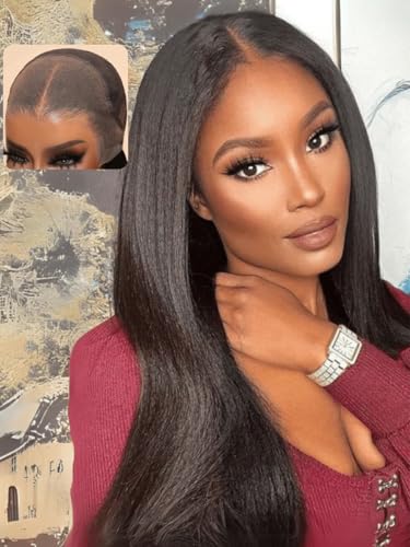 UNICE Pre Everything Glueless Frontal Wig with Ear Tab Tape Yaki Straight 13X4 Lace Front Wigs Human Hair Pre Bleached Knots Pre Cut Put On and Go Wig Pre Plucked Hailine 150% Density 22 inch