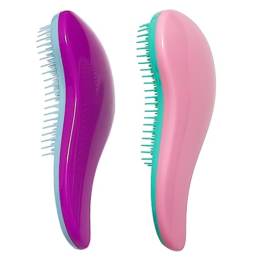 The Mini Detangling Brush, WYNK Dry and Wet Hair Brush Detangler for Traveling and Small Hands，Detangling Comb Hair Styling Tools (2 Pack Pink&Purple）