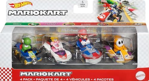 Hot Wheels Mario Kart Toy Vehicle 4-Pack, Collectible Set of 4 Fan-Favorite Characters Includes First-Appearance Orange Shy Guy