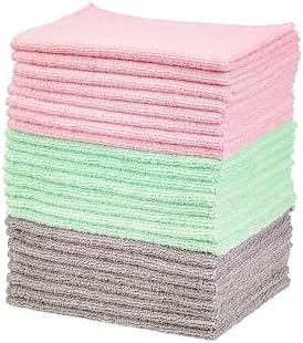 Amazon Basics Microfiber Cleaning Cloths, Free from Streaks/Lint/Scratch for Cars, Pack of 24, Green/Gray/Pink, 16" x 12"