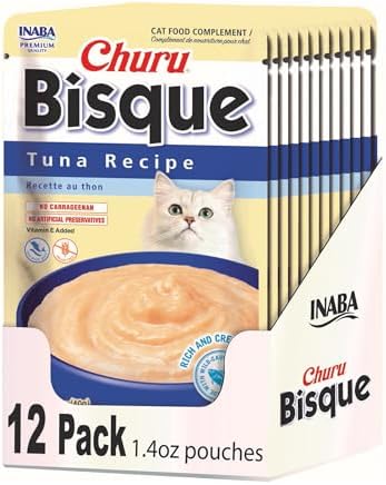 INABA Churu Bisque for Cats, Creamy Lickable Purée Side Dish with Vitamin E, 1.4 Ounces per Pouch, 12 Pouches, Tuna Recipe