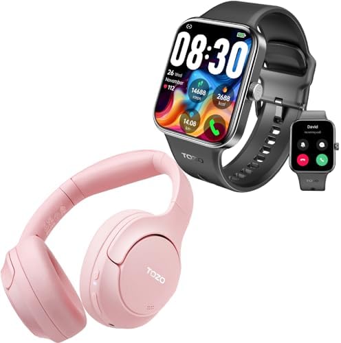 TOZO S4 AcuFit One Smartwatch 1.78-inch Bluetooth Talk Dial Fitness Tracker Black + HT2 Hybrid Active Noise Cancellation Wireless Over-Ear Bluetooth Headphones Pink