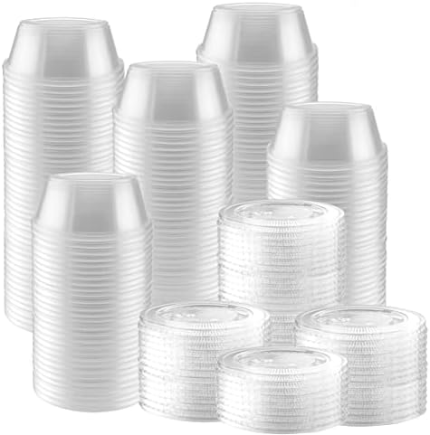 NYHI 100 Pack 2 oz Small Clear Plastic Cups Disposable Jello Shots with Snap on Leak Proof Lids Small Shot Cups Food Storage Containers for Party Portion Control Sauces Spices Liquid Dip