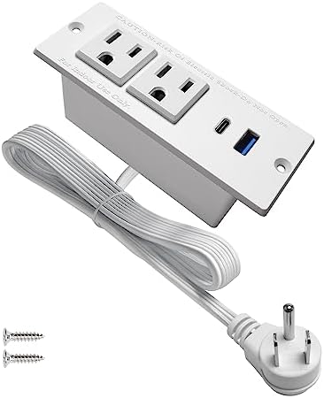 USB C Recessed Power Strip Fast Charge Desktop Power Station 2 Outlets 2 USB (PD20W & QC18W, Total 20W) Mountable Flat Plug Extension Cord Mount for Tabletop Sofa Cabinet Nightstand (USB C White)