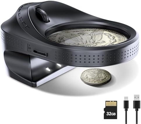 LCD Digital Coin Microscope Fixed Focus, 2.8" Round Coin Magnifier with Adjustable 8 LEDs & 3 Side Lights, 8X-11X-13X-16X Rechargeable Coin Scope with 32GB Memory Card, Compatible with Windows/Mac OS