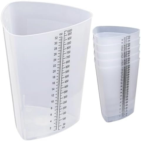 Plastic Graduated Triangular Intake Output Container [5 Pack] 32 Ounce Three-Sided Translucent Laboratory Beaker for Measuring and Mixing - Clear Markings in oz and cc - for Specimen, Paint and Epoxy