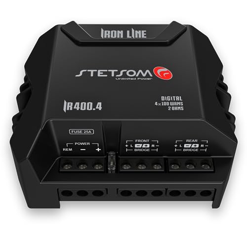 Stetsom IR 400.4 2 Ohms Compact Digital 4 Channels Amplifier, Iron LINE, 400 Watts RMS 400x4, 2Ω Stable, Multichannel Digital Car Audio Amp TS, Full-Range Sound Quality, Crossover
