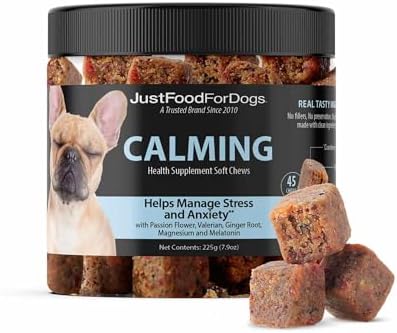 JustFoodForDogs Calming Supplement for Dogs Soft Chew to Support Stress and Anxiety, Melatonin, Relaxation Aid, Human-Grade Ingredients - 45 Count