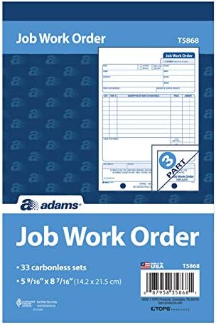 Adams Job Work Order Book, 3-Part Carbonless, White/Canary/White, 5-9/16 x 8-7/16 Inches, 33 Sets (T5868)