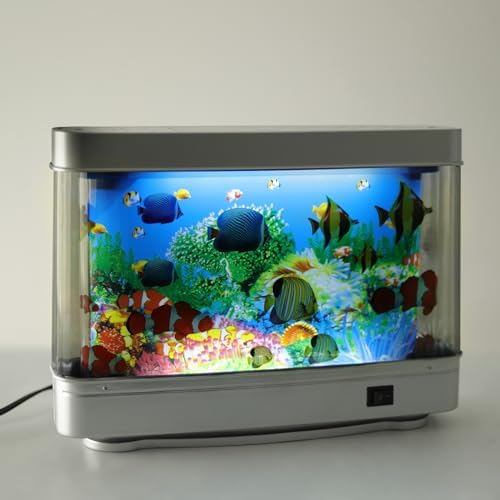 Artificial Tropical Fish Decorative Moving Aquarium Lamp - Virtual Ocean Motion. Kids Fake Fish Tank, Baby Aquarium Toy - Relaxing Mini Crib Aquarium Night Light for Bedroom and Office, Silver