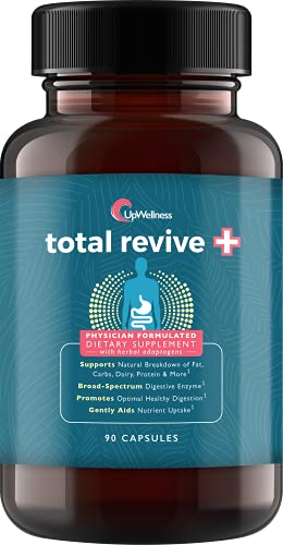 UpWellness Total Revive + - Broad Spectrum Digestive Enzymes - 90 Capsules - 10 Essential Enzymes and 3 Herbal Adaptogens - Physician Formulated