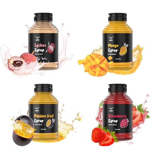 Locca Premium Syrup Variety Pack - Coffee Syrup Variety Pack - Boba Flavored Syrup - 4 Flavors (Strawberry, Mango, Passion Fruit, Lychee) - Perfect for Coffee, Boba Tea, Cocktails, Slushies, and Desserts - Pack of 4 (12oz x 4 Coffee Flavoring Syrup)