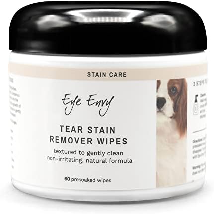Eye Envy Tear Stain Wipes for Dogs. Textured to Gently Clean. Presoaked in 100% Natural Formula. Recommended by AKC Breeders, Vets, Groomers. Treats The Cause of Staining. USA Made. 60 Dog Eye Wipes