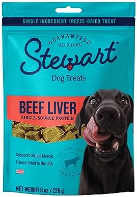 Stewart Single Ingredient Freeze Dried Raw Dog Treats, Beef Liver, 8 Ounce Resealable Pouch, Training Treats or Meal Topper Dogs, High Protein, Grain-Free, Gluten-Free