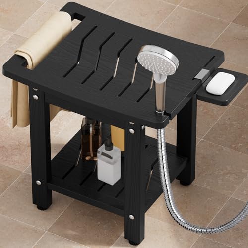 YEFU Shower Chair for Inside Shower: Slip-Resistant Waterproof No Maintenance 500 LBS Weight Capacity - Shower Bench/Stool with Shelf & Handle for Bathroom/Outdoor - Easy to Assemble for Adult/Black