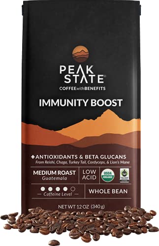 Peak State Coffee with Functional Mushrooms, Low Acid, Whole Bean (FOCUS, BOOST IMMUNITY, & DESTRESS) (Immunity Boost)
