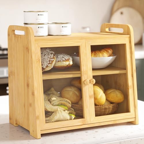 AMBIRD Bamboo Bread Box 20L Large Capacity with Clear Acrylic Doors - Double Layer Food-Safe Bread Storage with Air Vents and Side Handles - Keep Bread Fresh and Counter Clutter-Free