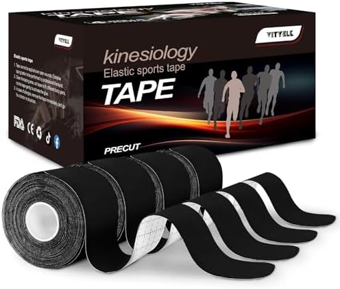 Pro VityElk Kinesiology Tape Elastic Sports Tape for Muscle Pain Relief & Support - Breathable Waterproof Athletic Tape for Joints, Back, Knees-20 PreCut Strips/Roll (Black 4 Roll)
