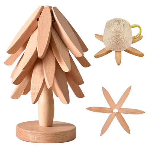 Wooden Trivets for Hot Dishes， Tree Shape Trivet Set,Trivets for Hot Dishes - 4 Wooden Trivets + 1 Stand stored Like a Christmas Tree (Beech Wood)