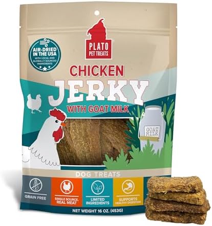 PLATO Pet Treats Jerky Dog Treats - Air-Dried Jerky for Dogs - Delicious, Real Meat Dog Treats - Grain Free - Supports Healthy Digestion - Chicken Jerky with Goat Milk 16oz