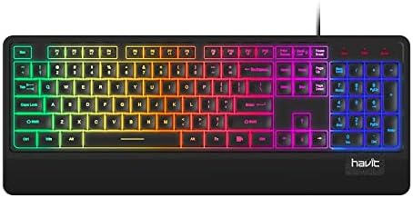 havit Wired LED Keyboard, Rainbow Backlit Computer Keyboard Ergonomic LED Gaming Keyboards Wrist Rest 104 Keys for Office PC Desktop Laptop Game Black