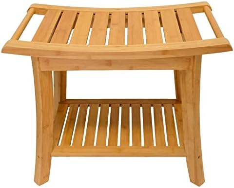 Zhuoyue Bamboo Spa Bath Shower Stool & Bench with Storage Shelf, Shower Bath Seats for Adults Seniors Women Elderly Tileable