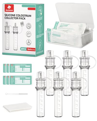 dearlomum Colostrum Collector Kit Breast Milk Collector 6ml/6pcs,Reusable, Heat & Freezer Resistant, BPA-Free, with Cotton Cloth Wipe, Storage Case, Cleaning Brush
