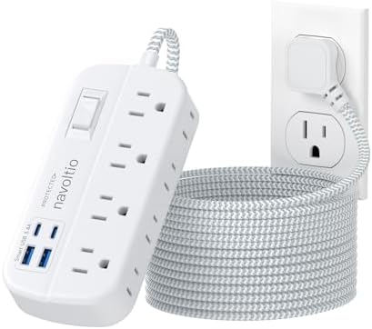 Flat Extension Cord 10 Ft Multiple Outlets, 8 AC Outlets 4 USB (17W Fast Charge) Surge Protector Power Strip (1080 Joules) Heavy Duty Long Braided Cord Wall Mount for Indoor Office Dorm 13A 1625W