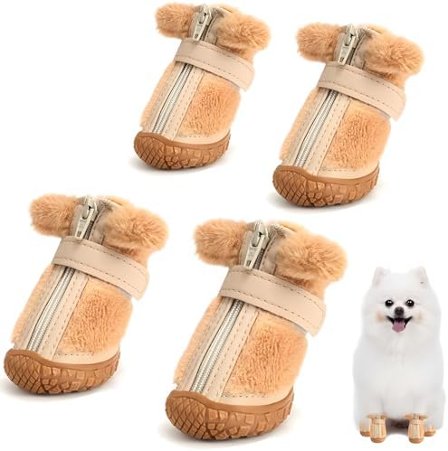 JZXOIVA Dog Shoes for Small Dogs, Fleece Dog Boots Paw Protector for Comfort and Warmth, Dog Booties with Anti-Slip Sole for Winter Snow Hardwood Floors Walking Brown Size 4