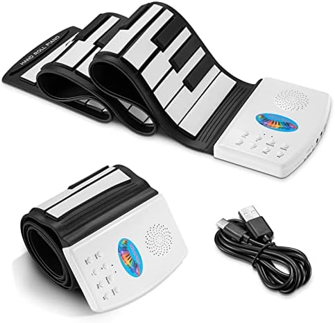 49 Key Roll Up Keyboard Piano, Portable Digital Electric Foldable Piano Keyboard, Rechargeable, 47 Tones, 14 Educational Demo Songs, for Beginners Gift (Black & White Key)