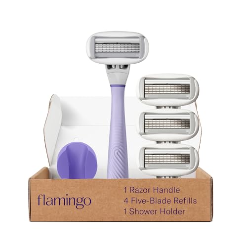 Flamingo Razors for Women, 1 Women's Razor Handle (Lilac), 4 Razor Five-Blade Refills, and 1 Shower Holder