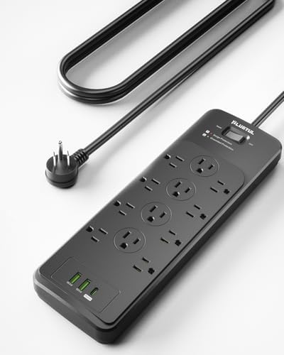 Surge Protector Power Strip 5FT(4080J), PLUGTUL Surge Protector with 12 Outlets - Spacious Design for Large Plugs, Flat Plug, 20W USB C Charging for Home, Office, ETL Listed