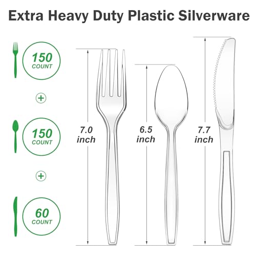 Dealusy 360 Count Extra Heavy Duty Clear Plastic Silverware, 150 Forks, 150 Spoons, 60 Knives, BPA-Free, Heat Resistant, Disposable Plastic Utensils Set, Plastic Cutlery Set, Plasticware Bulk