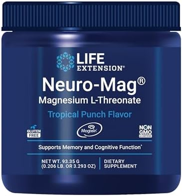Life Extension Neuro-Mag Magnesium L-Threonate Powder (Tropical Punch) - Ultra-Absorbable - Supports Memory, Focus, Cognitive Function & Mood - Gluten No, Non-GMO, Vegetarian (30 Servings)