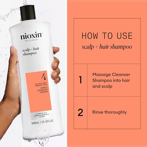 Nioxin System 4 Scalp + Hair Shampoo - Hair Thickening Shampoo For Damaged Hair with Progressed Thinning, 16.9 fl oz (Packaging May Vary)