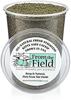 from The Field | Fine Ground Stalkless Catnip | Premium USA-Grown Catnip for Toys & Playtime | Fresh, Potent, Non-Toxic, Eco-Friendly | Safe for Kittens & Cats | Resealable 6 oz Tub